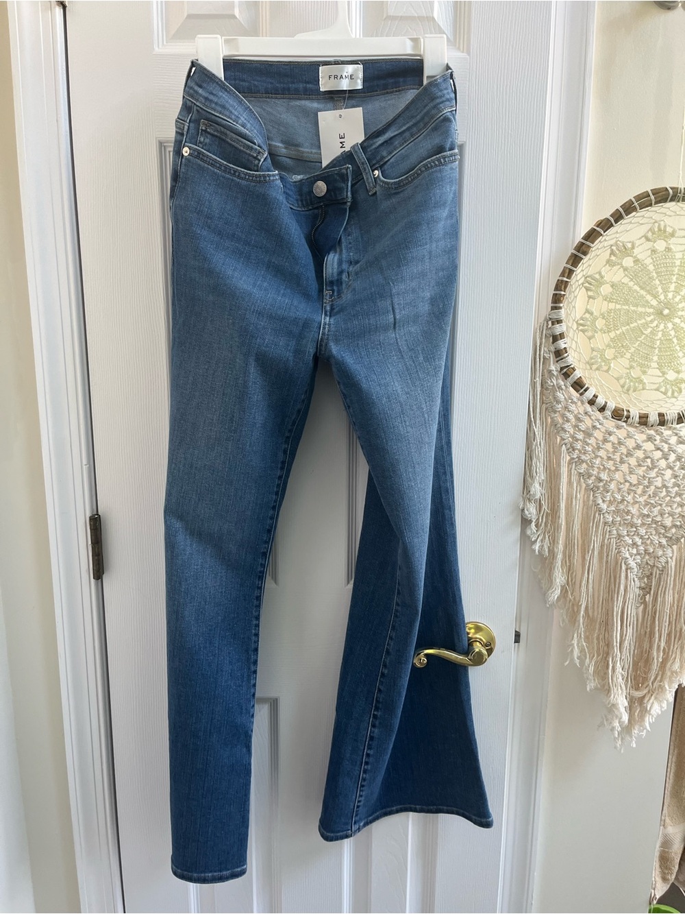 Frame Denim High-Rise Flare Jeans in Medium Blue